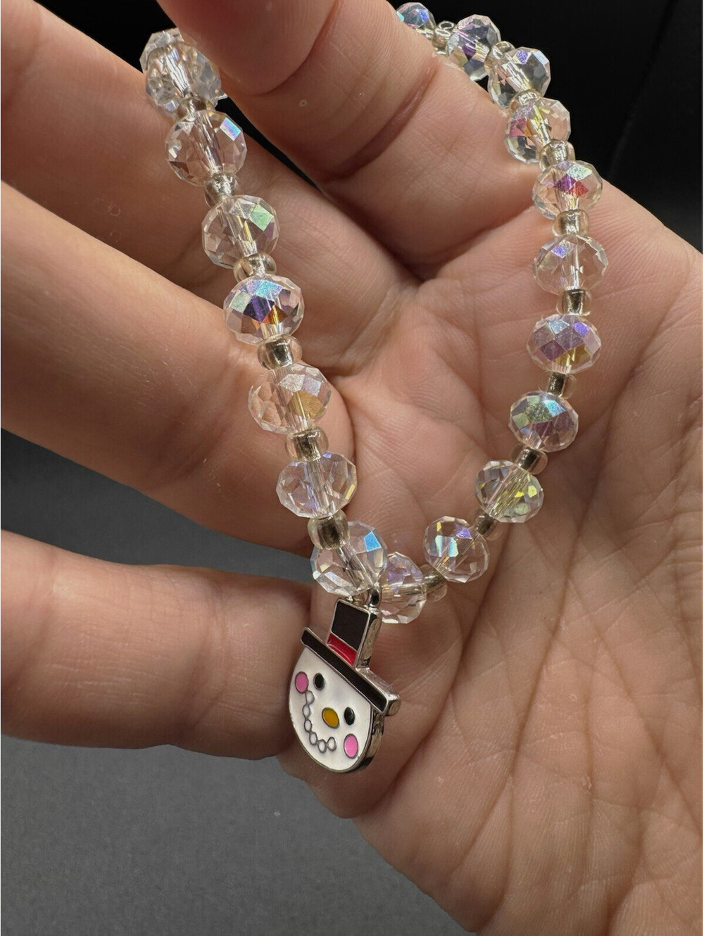 Snowman Charm Stretch Bracelet Clear AB Crystal Beads Christmas Holiday